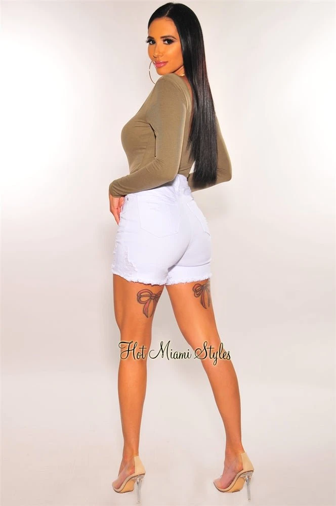 White Denim Ripped Biker Shorts 6 White Denim Ripped Biker Shorts - Image 6