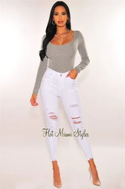White Denim Ripped High Waist Skinny Jeans