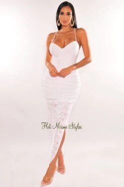 White Eyelet Spaghetti Strap CrissCross Cut Out Back Ruched Slit Maxi Dress