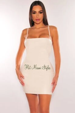 White Faux Leather Spaghetti Strap Square Neck Dress