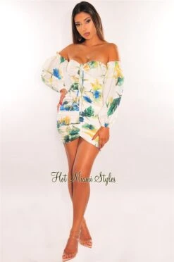 White Floral Print Off Shoulder Long Sleeves Ruched Dress -Miamis Style Shop white floral print off shoulder long sleeves ruched dress hot miami styles 361289