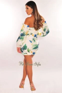 White Floral Print Off Shoulder Long Sleeves Ruched Dress -Miamis Style Shop white floral print off shoulder long sleeves ruched dress hot miami styles 685772