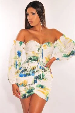 White Floral Print Off Shoulder Long Sleeves Ruched Dress