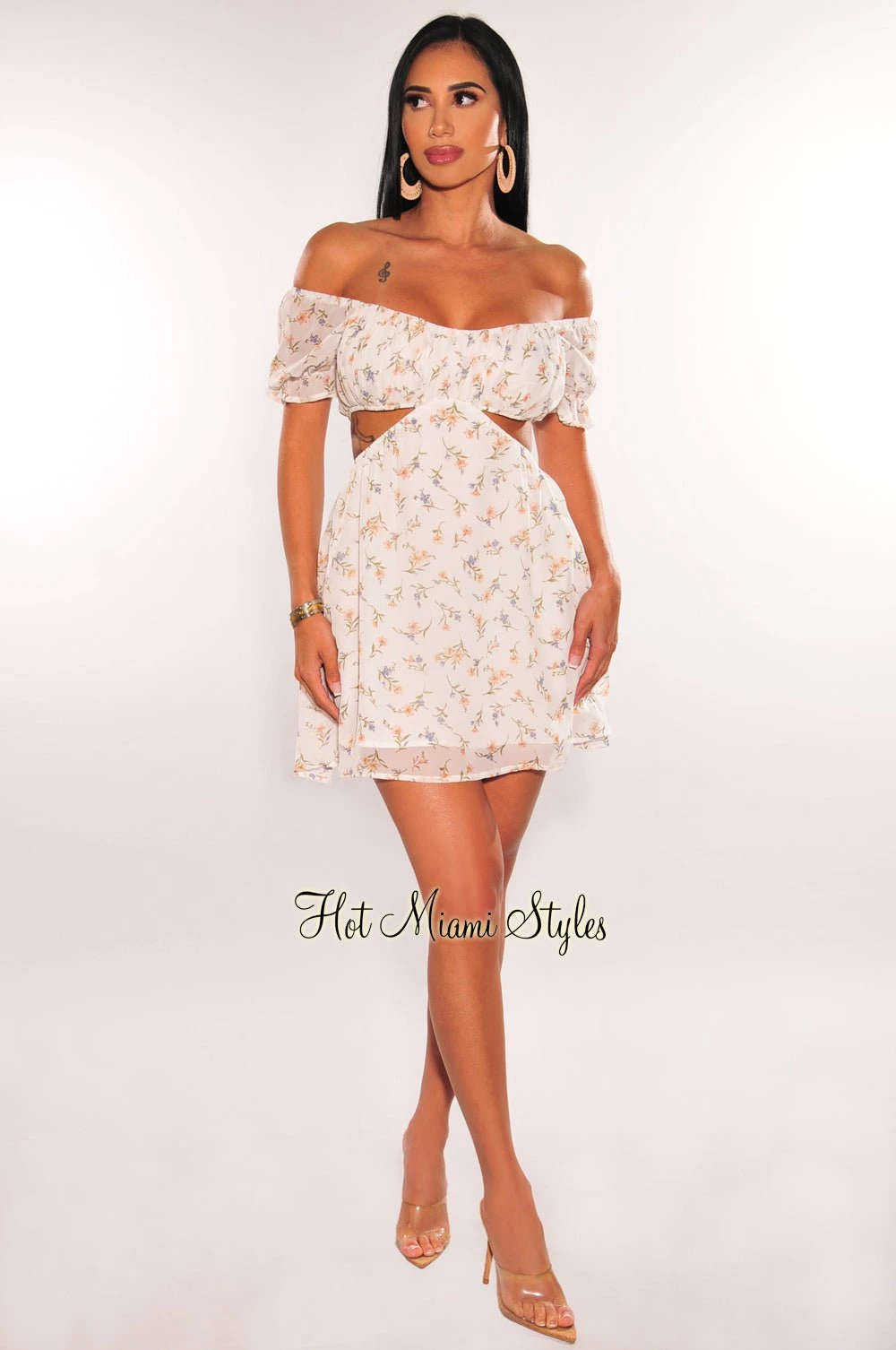 White Floral Print Off Shoulder Short Sleeve Cut Out Babydoll Dress 3 White Floral Print Off Shoulder Short Sleeve Cut Out Babydoll Dress - Image 3