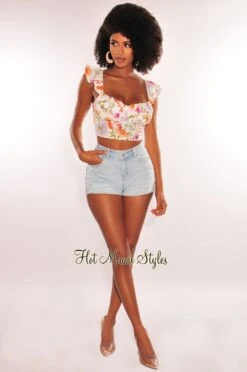 White Floral Print Padded Ruffle Straps Bustier Crop Top -Miamis Style Shop white floral print padded ruffle straps bustier crop top hot miami styles 854235