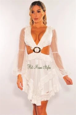White Fringe Cut Out Lace Up Back Long Sleeves Dress