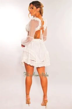 White Fringe Cut Out Lace Up Back Long Sleeves Dress -Miamis Style Shop white fringe cut out lace up back long sleeves dress hot miami styles 336326