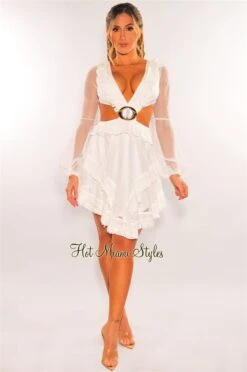 White Fringe Cut Out Lace Up Back Long Sleeves Dress -Miamis Style Shop white fringe cut out lace up back long sleeves dress hot miami styles 898606