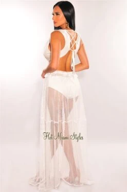 White Fringe Cut Out Lace Up Back Sleeveless Maxi Dress -Miamis Style Shop white fringe cut out lace up back sleeveless maxi dress hot miami styles 375584