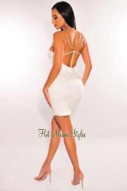 White Gold Chain Straps Cut Out Strappy Back Mini Dress -Miamis Style Shop white gold chain straps cut out strappy back mini dress hot miami styles 724975