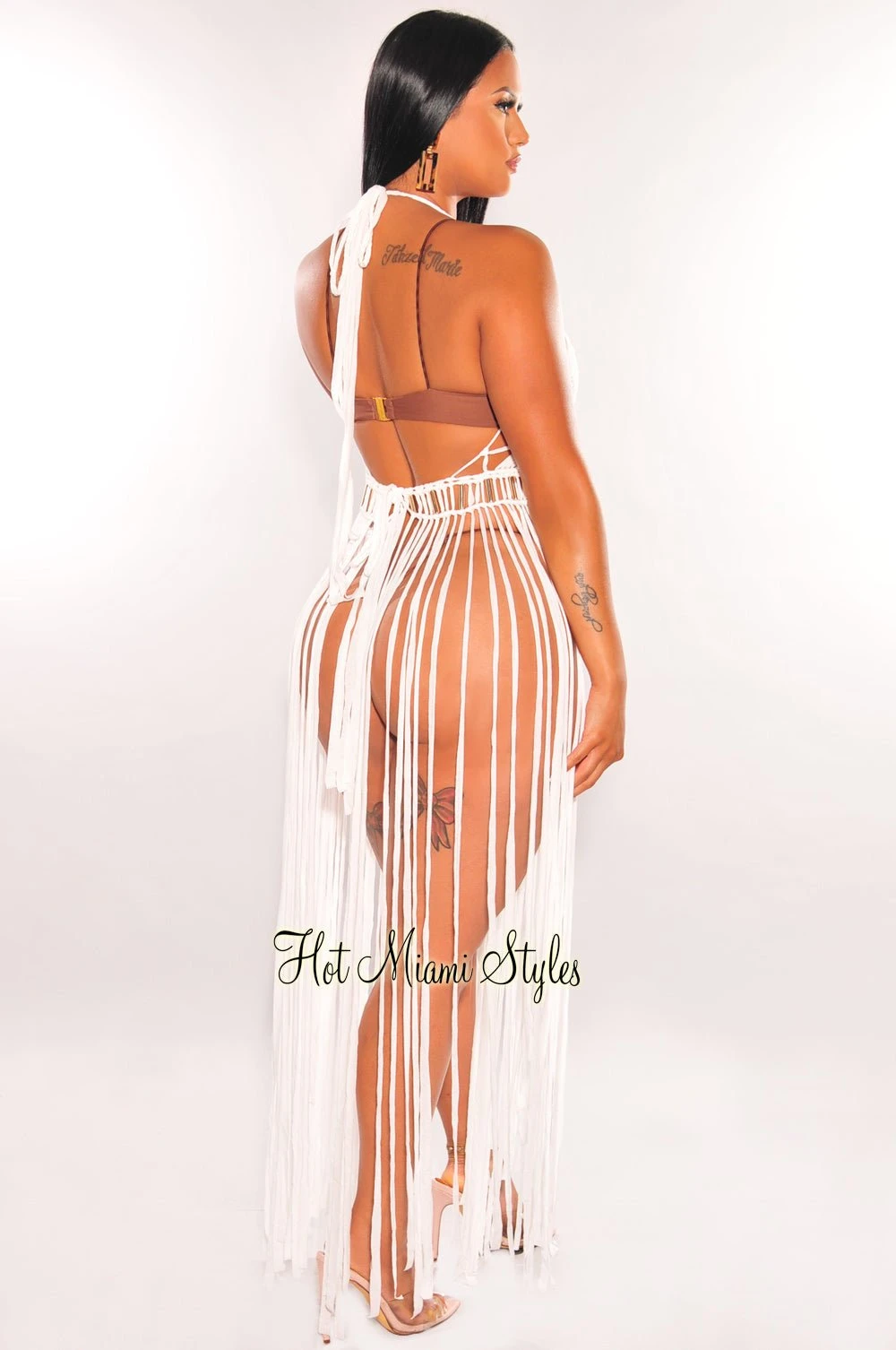 White Halter Crochet Knit Fringe Open Back Tie Up Cover Up 2 White Halter Crochet Knit Fringe Open Back Tie Up Cover Up - Image 2