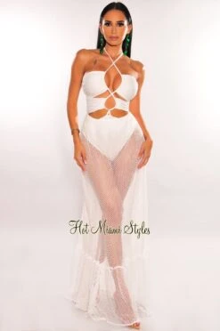 White Halter Lace Up Cut Out Fishnet Maxi Dress