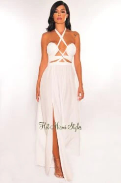 White Halter Lace Up Cut Out Slit Maxi Dress