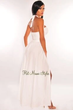 White Halter Lace Up Cut Out Slit Maxi Dress -Miamis Style Shop white halter lace up cut out slit maxi dress hot miami styles 760984