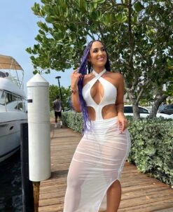 White Halter Tie Up Cut Out Mesh Ruched Dress -Miamis Style Shop white halter tie up cut out mesh ruched dress hot miami styles 160945