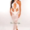 White Halter Tie Up Cut Out Mesh Ruched Dress