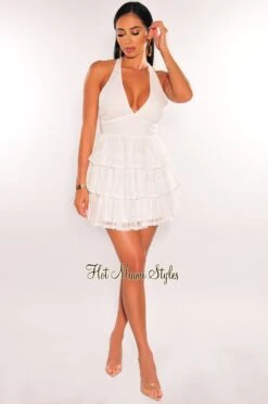 White Lace V Neck Ruffled Strappy Back Babydoll Dress -Miamis Style Shop white lace v neck ruffled strappy back babydoll dress hot miami styles 752326