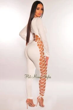 White Long Sleeve Lace Up Back Jumpsuit