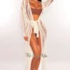 White Long Sleeve Ladder Cut Belted Cover Up