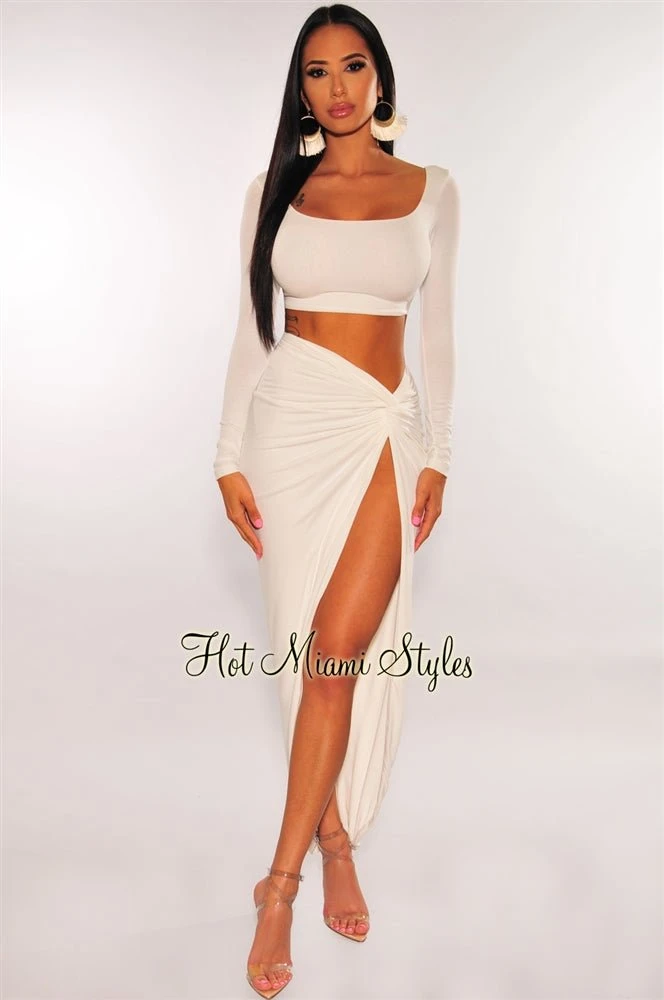 White Long Sleeves Knotted Slit Skirt Two Piece Set 1 White Long Sleeves Knotted Slit Skirt Two Piece Set