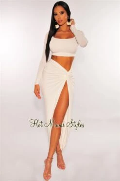 White Long Sleeves Knotted Slit Skirt Two Piece Set 6 White Long Sleeves Knotted Slit Skirt Two Piece Set -Miamis Style Shop white long sleeves knotted slit skirt two piece set hot miami styles 407491