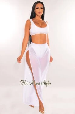 White Mesh Sheer High Waist Double Slit Cover Up Pants