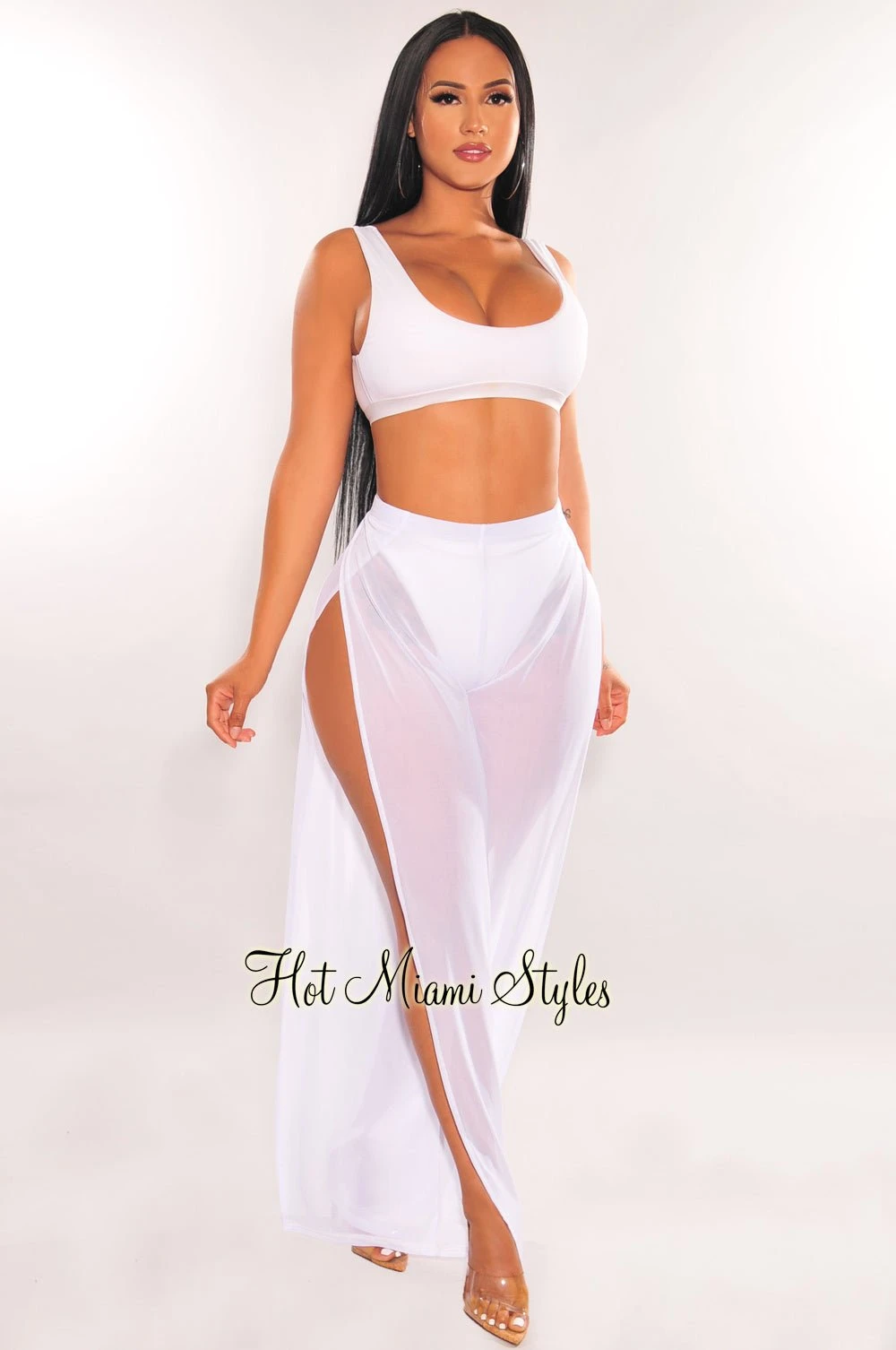 White Mesh Sheer High Waist Double Slit Cover Up Pants 1 White Mesh Sheer High Waist Double Slit Cover Up Pants