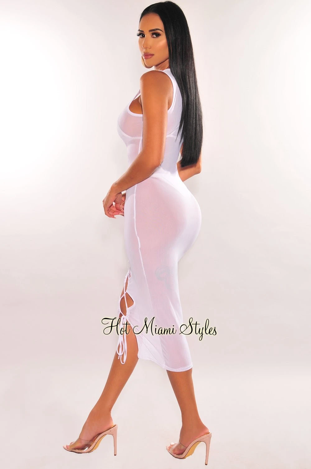 White Mesh Sheer Lace Up Sleeveless Cover Up Dress 2 White Mesh Sheer Lace Up Sleeveless Cover Up Dress - Image 2