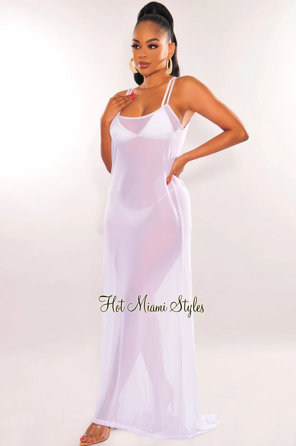 White Mesh Sheer Spaghetti Straps Maxi Dress Cover Up 1 White Mesh Sheer Spaghetti Straps Maxi Dress Cover Up