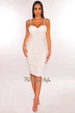 White Mesh Spaghetti Straps Padded Ruched Dress