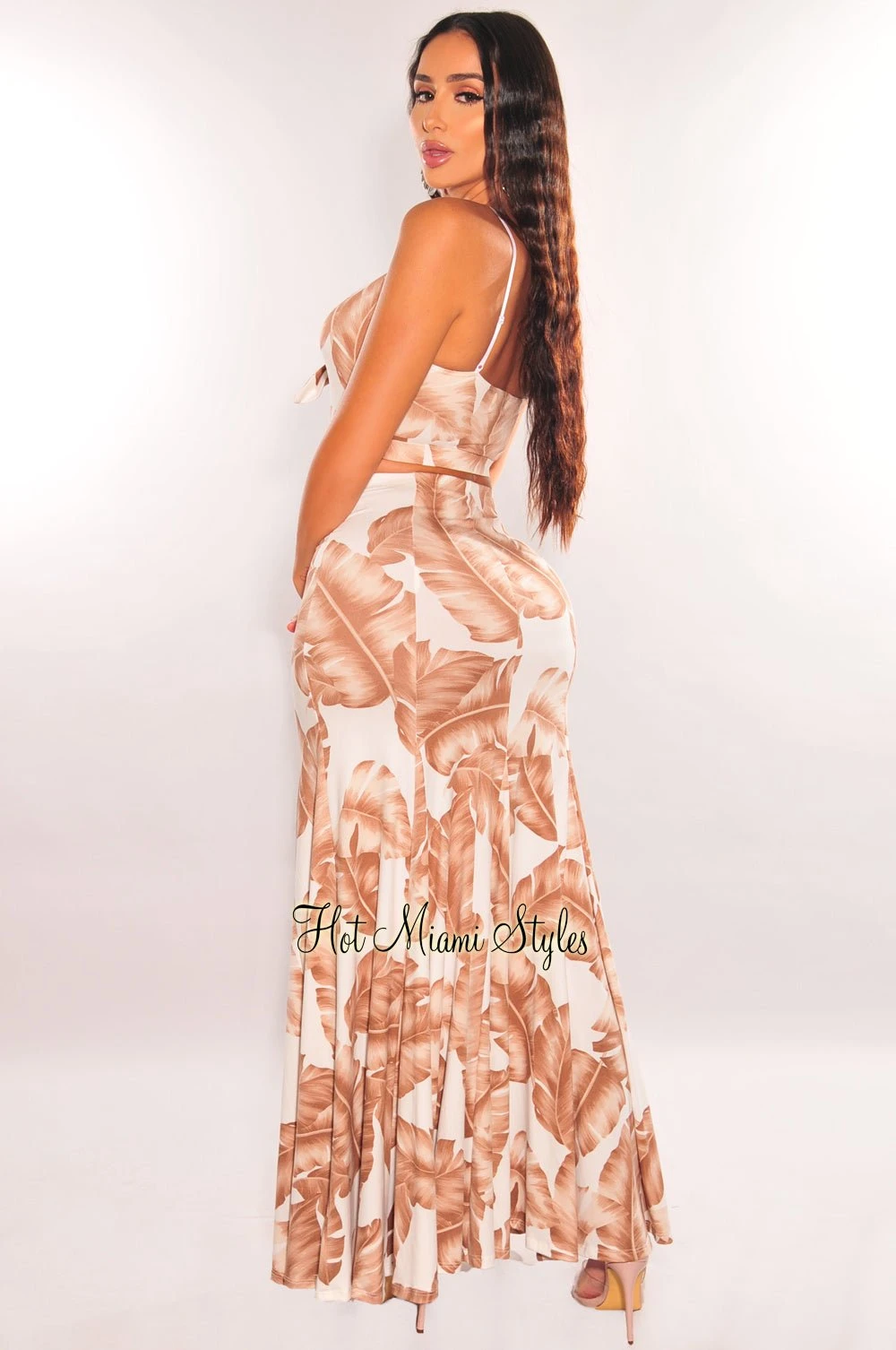 White Mocha Palm Print Floral Print Spaghetti Strap Maxi Skirt Two Piece Set 2 White Mocha Palm Print Floral Print Spaghetti Strap Maxi Skirt Two Piece Set - Image 2