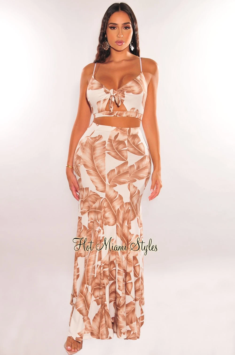 White Mocha Palm Print Floral Print Spaghetti Strap Maxi Skirt Two Piece Set 1 White Mocha Palm Print Floral Print Spaghetti Strap Maxi Skirt Two Piece Set