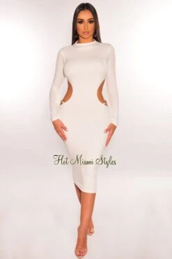 White Mock Neck Gold Chain Cut Out Long Sleeve Dress