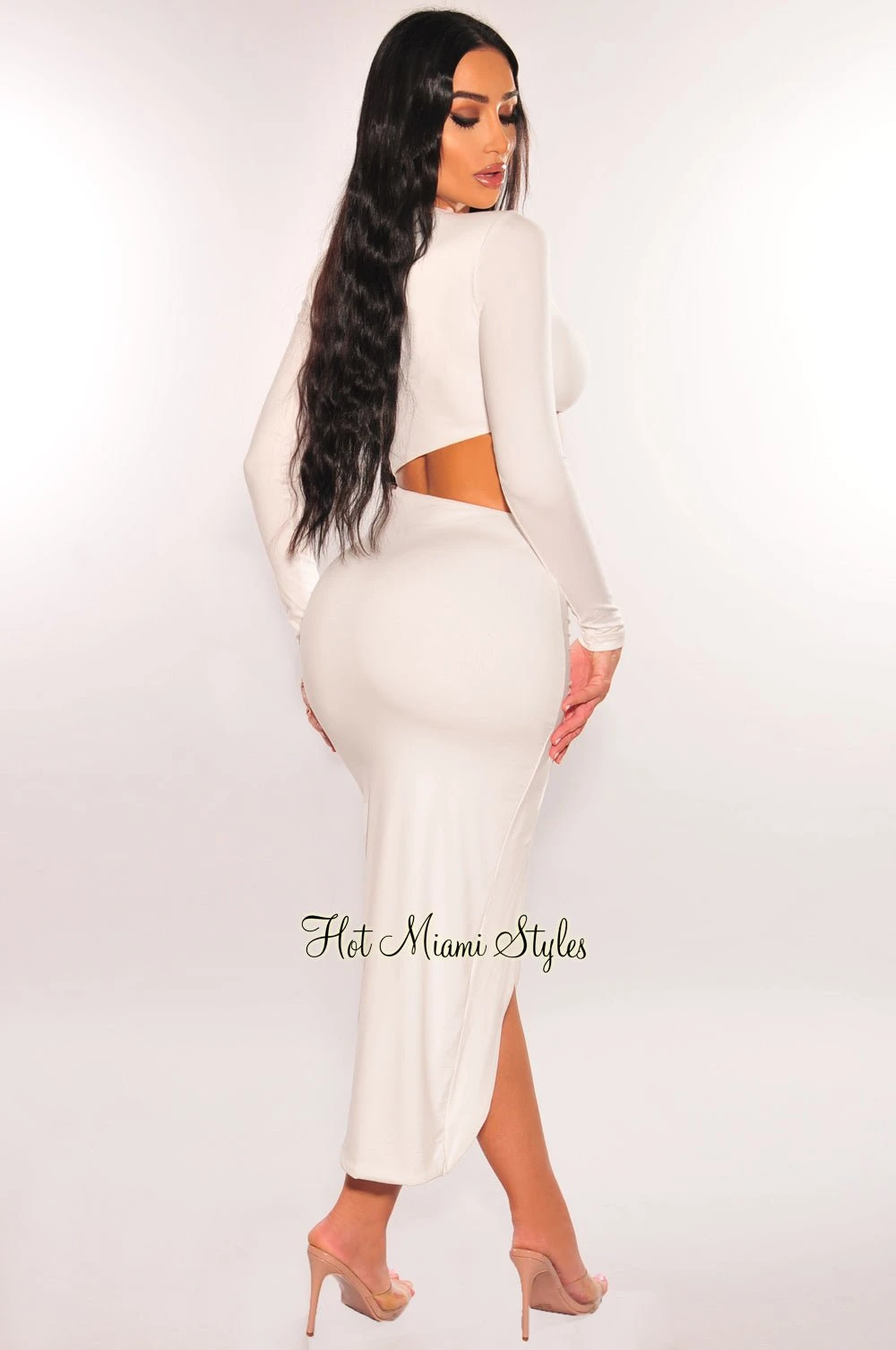 White Mock Neck Long Sleeve Cut Out Ruched Slit Dress 2 White Mock Neck Long Sleeve Cut Out Ruched Slit Dress - Image 2
