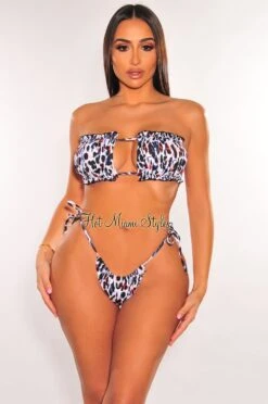 White Multi Color Leopard Print Ruched Bust Frill Padded Bandeau Bikini