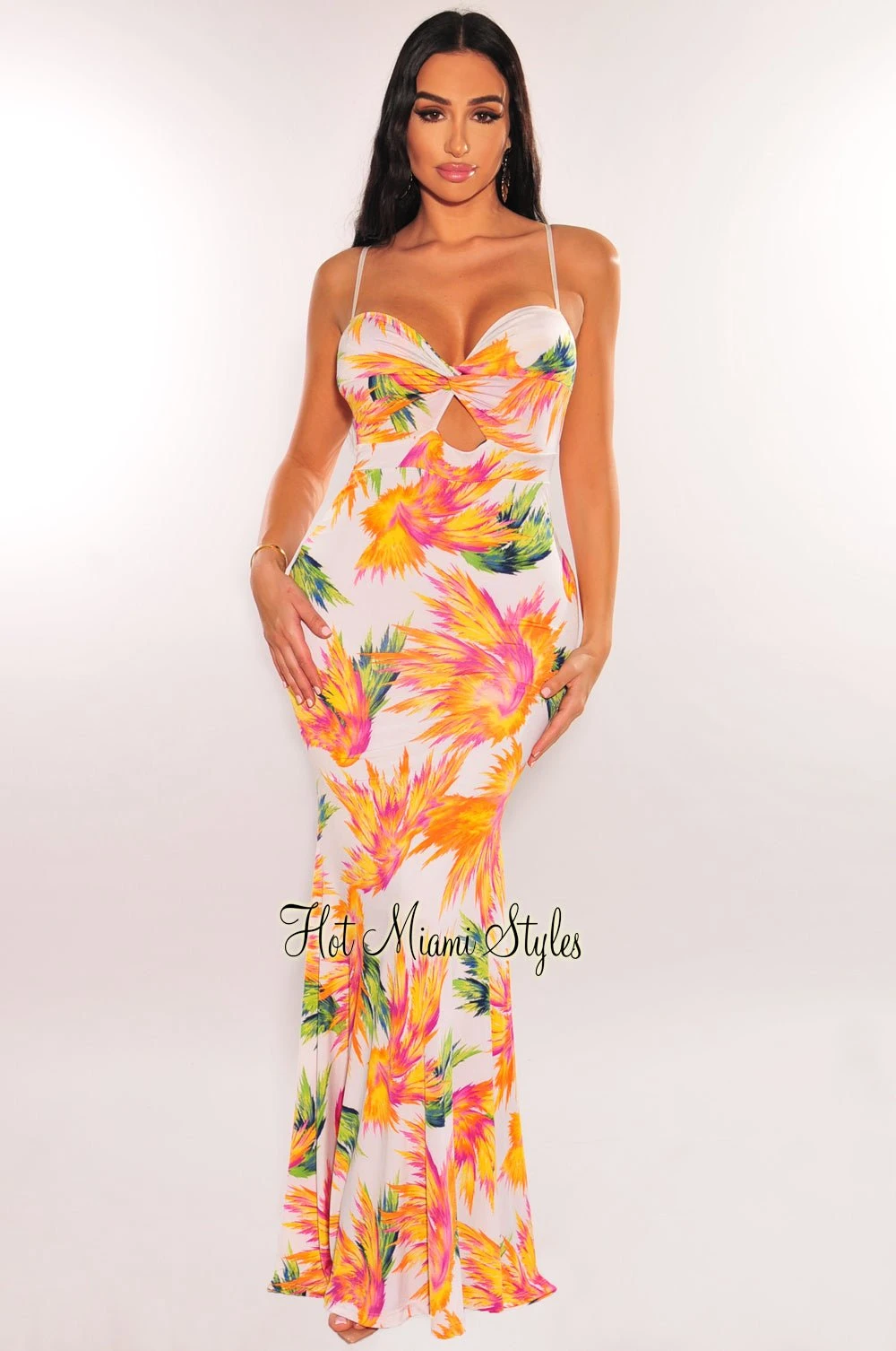 White Multicolor Tropical Print Spaghetti Strap Knotted Cut Out Mermaid Dress 1 White Multicolor Tropical Print Spaghetti Strap Knotted Cut Out Mermaid Dress