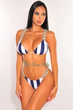 White Navy Stripes Jeweled Tie Up Padded Scrunch Butt Bikini