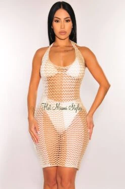 White Nude Crochet Tie Up Cover Up Dress