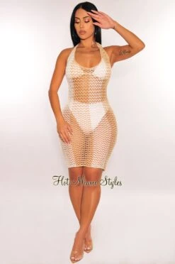 White Nude Crochet Tie Up Cover Up Dress -Miamis Style Shop white nude crochet tie up cover up dress hot miami styles 980294