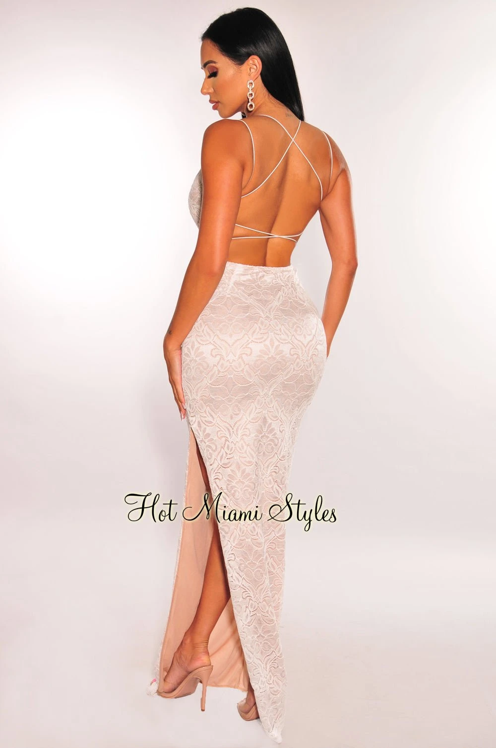 White Nude Floral Lace Elastic Straps CrissCross Back Slit Maxi Dress 2 White Nude Floral Lace Elastic Straps CrissCross Back Slit Maxi Dress - Image 2