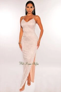 White Nude Floral Lace Elastic Straps CrissCross Back Slit Maxi Dress