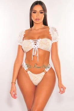White Nude Floral Lace Off Shoulder Strappy O-Ring Bikini 5 White Nude Floral Lace Off Shoulder Strappy O-Ring Bikini -Miamis Style Shop white nude floral lace off shoulder strappy o ring bikini hot miami styles 132184