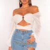 White O-Ring Cut Out Long Sleeve Wrap Around Crop Top