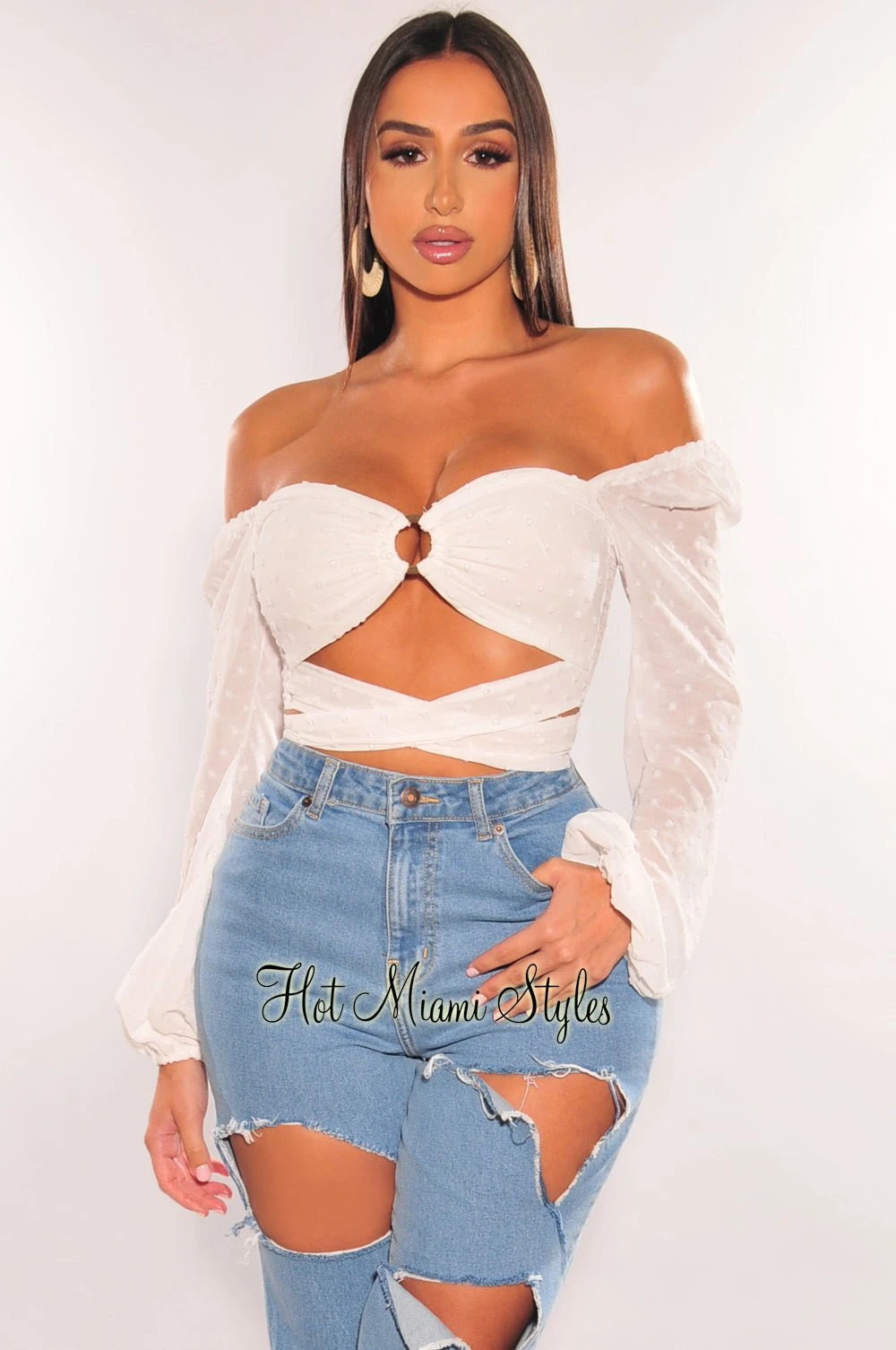 White O-Ring Cut Out Long Sleeve Wrap Around Crop Top 1 White O-Ring Cut Out Long Sleeve Wrap Around Crop Top