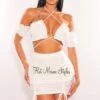 White Off Shoulder Frill Tie Up Ruched Skirt Two Piece Set