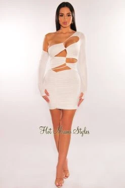 White One Shoulder Long Sleeve Drawstring Cut Out Ruched Dress -Miamis Style Shop white one shoulder long sleeve drawstring cut out ruched dress hot miami styles 163726