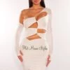 White One Shoulder Long Sleeve Drawstring Cut Out Ruched Dress