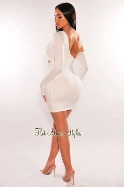 White One Shoulder Long Sleeve Drawstring Cut Out Ruched Dress -Miamis Style Shop white one shoulder long sleeve drawstring cut out ruched dress hot miami styles 778339