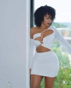 White One Shoulder Long Sleeve Drawstring Cut Out Ruched Dress -Miamis Style Shop white one shoulder long sleeve drawstring cut out ruched dress hot miami styles 782644