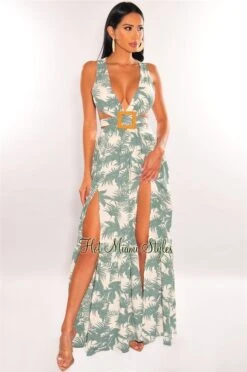 White Palm Print Cut Out Lace Up Back Belted Double Slit Maxi Dress